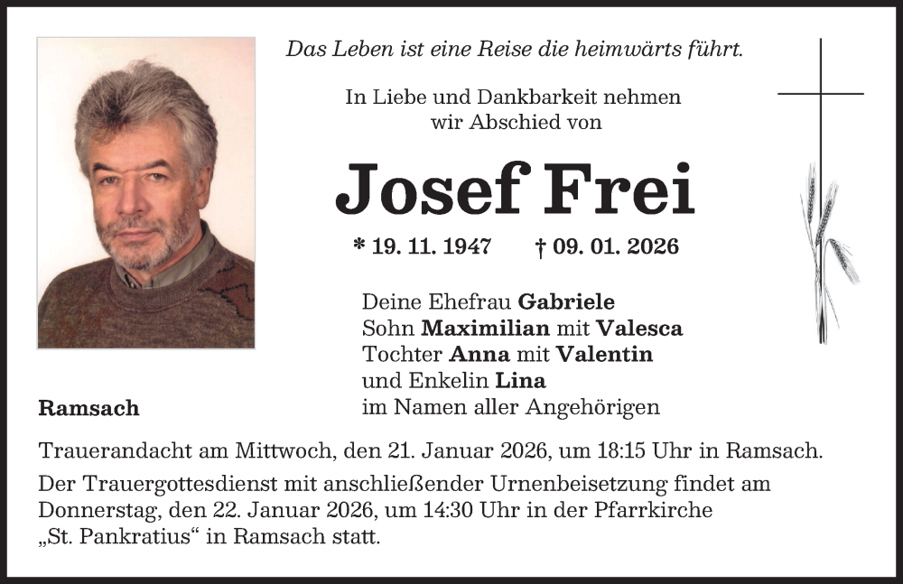  Traueranzeige für Josef Frei vom 17.01.2026 aus Landsberger Tagblatt