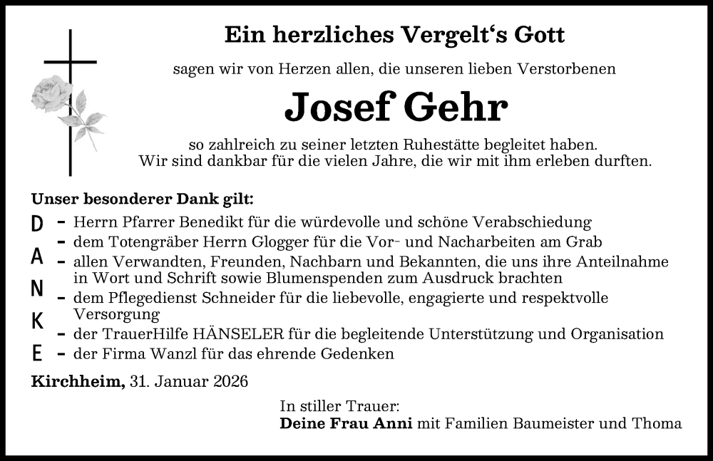  Traueranzeige für Josef Gehr vom 31.01.2026 aus Mindelheimer Zeitung
