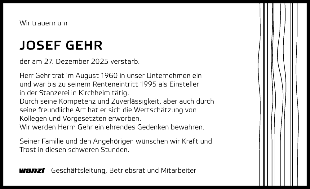  Traueranzeige für Josef Gehr vom 24.01.2026 aus Mindelheimer Zeitung