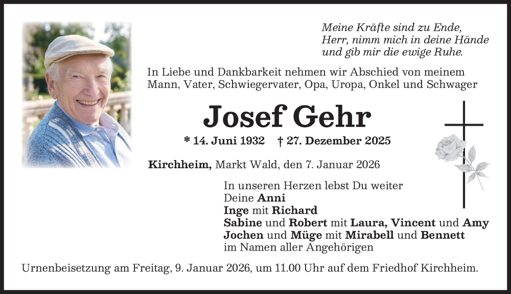 Traueranzeige für Josef Gehr vom 07.01.2026 aus Mindelheimer Zeitung