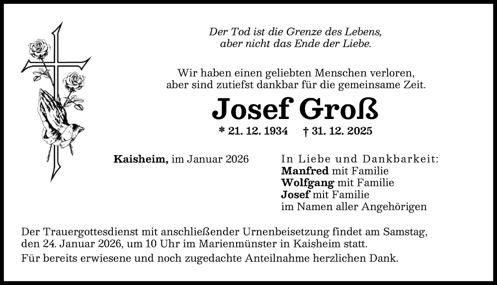  Traueranzeige für Josef Groß vom 20.01.2026 aus Donauwörther Zeitung