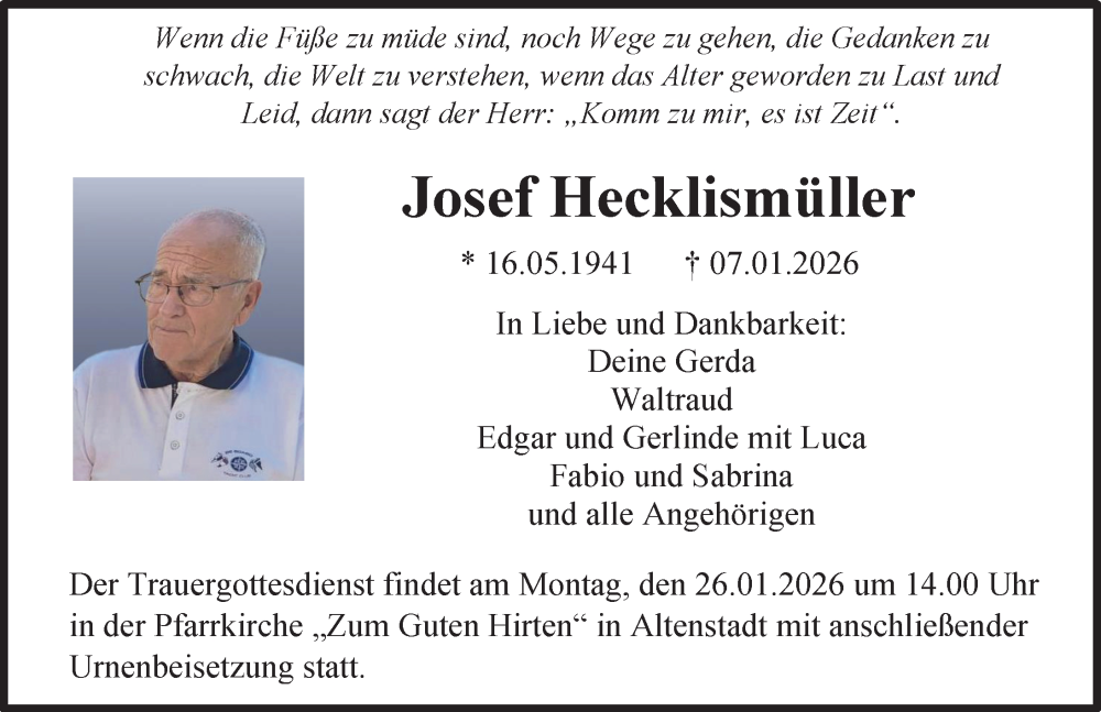 Traueranzeige für Josef Hecklismüller vom 22.01.2026 aus Illertisser Zeitung