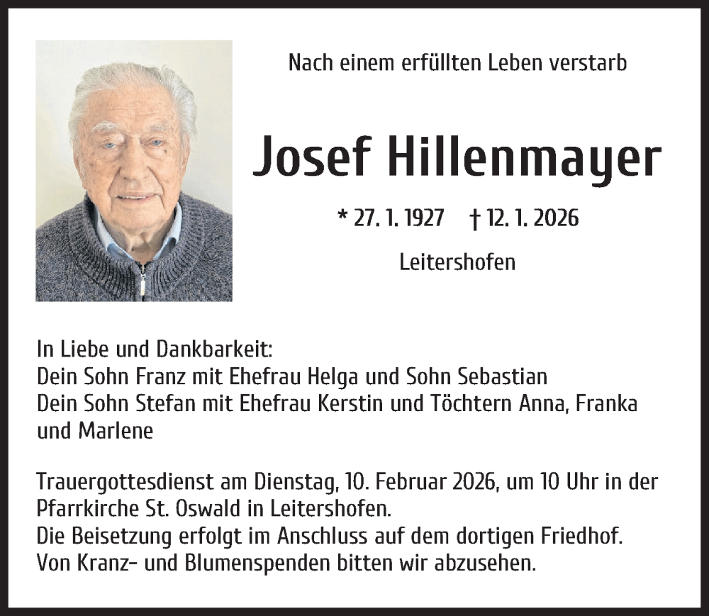  Traueranzeige für Josef Hillenmayer vom 24.01.2026 aus Augsburger Allgemeine