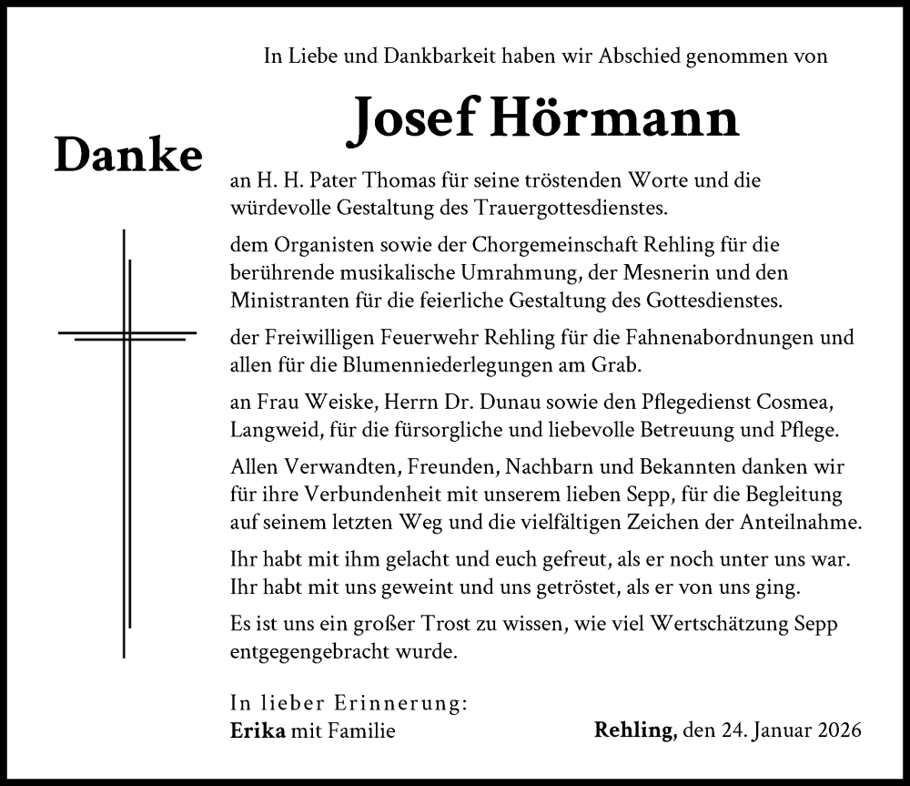  Traueranzeige für Josef Hörmann vom 24.01.2026 aus Aichacher Nachrichten