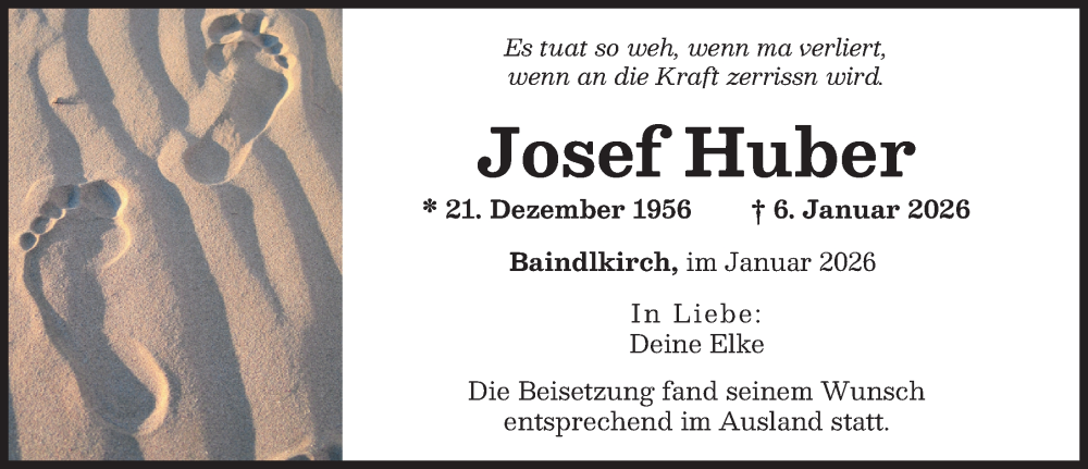  Traueranzeige für Josef Huber vom 24.01.2026 aus Augsburger Allgemeine