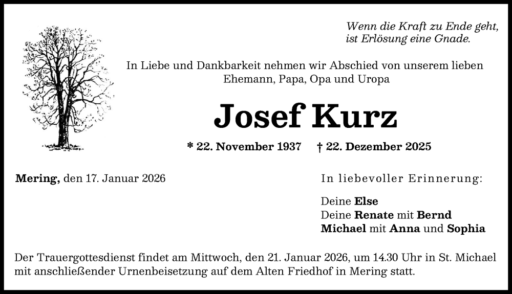 Traueranzeige für Josef Kurz vom 17.01.2026 aus Friedberger Allgemeine