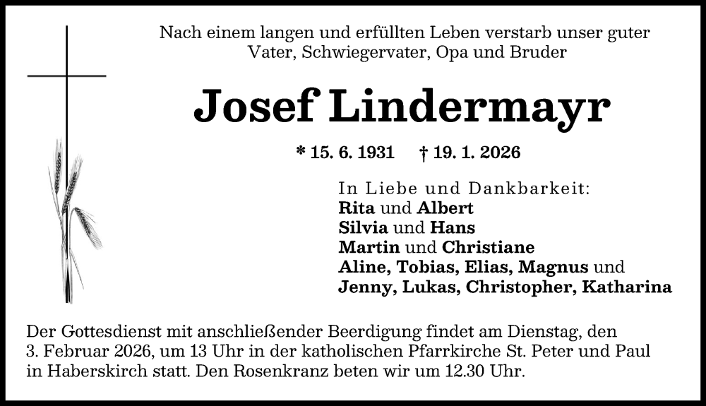  Traueranzeige für Josef Lindermayr vom 28.01.2026 aus Friedberger Allgemeine