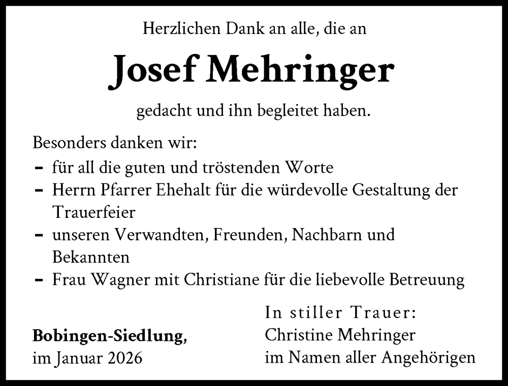 Traueranzeige von Josef Mehringer von Schwabmünchner Allgemeine