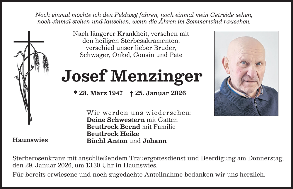  Traueranzeige für Josef Menzinger vom 28.01.2026 aus Aichacher Nachrichten, Friedberger Allgemeine