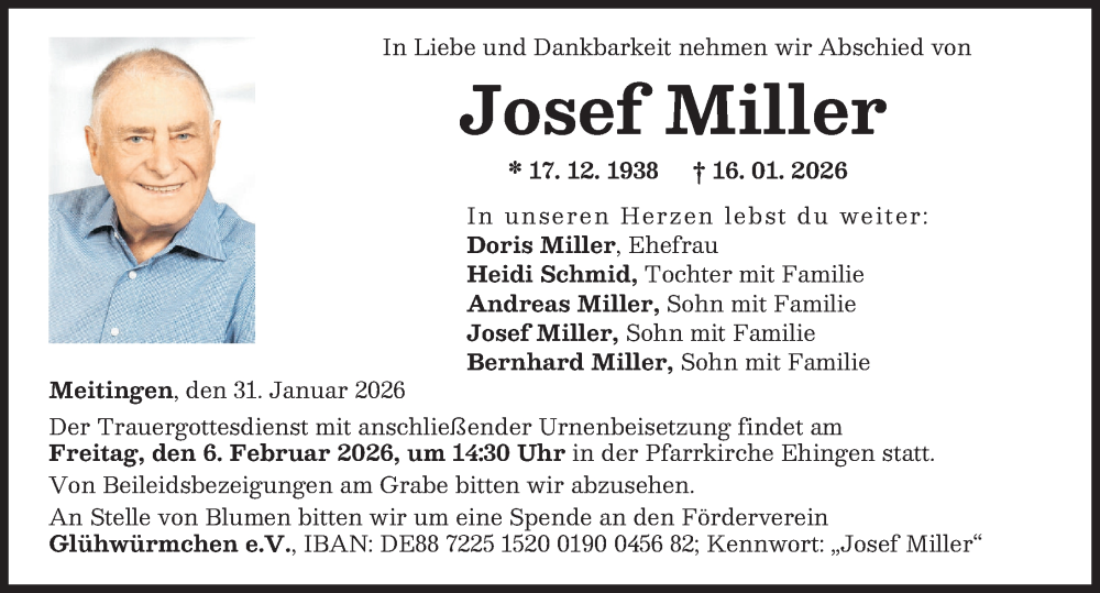  Traueranzeige für Josef Miller vom 31.01.2026 aus Augsburg-Land, Wertinger Zeitung, Donauwörther Zeitung