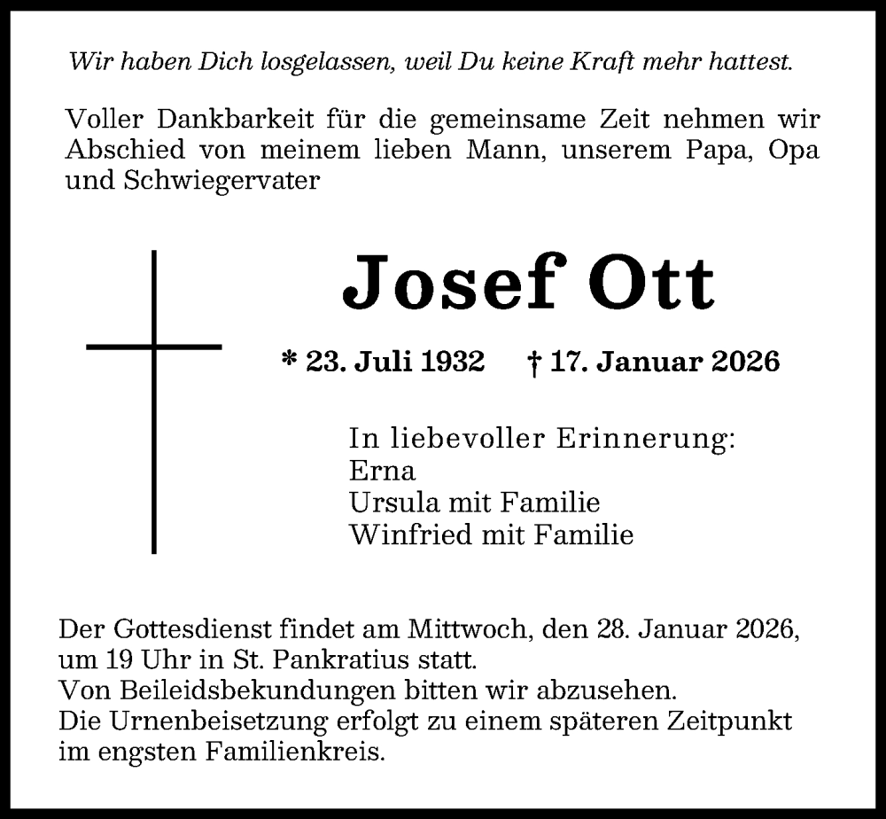  Traueranzeige für Josef Ott vom 27.01.2026 aus Augsburger Allgemeine