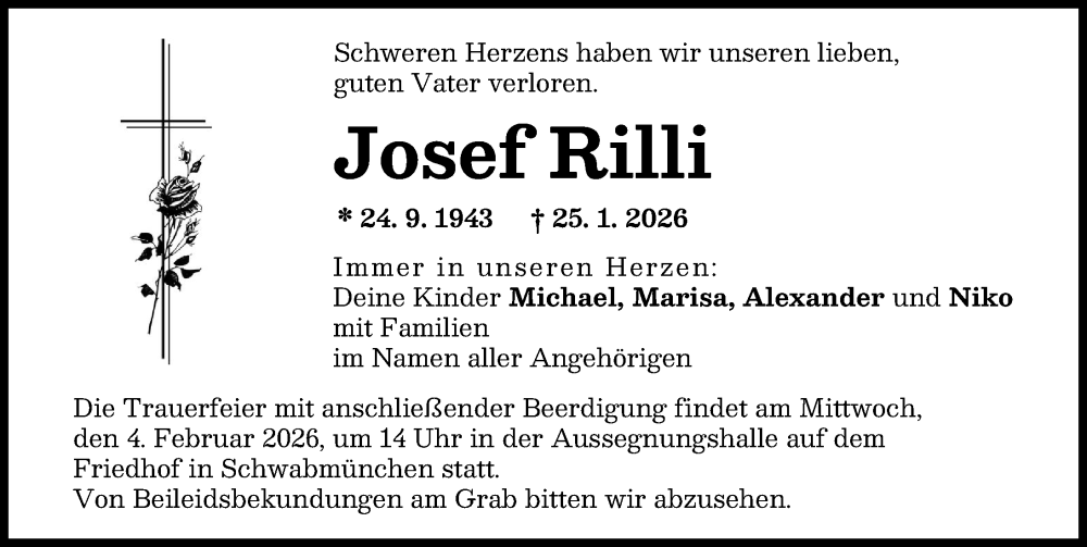  Traueranzeige für Josef Rilli vom 31.01.2026 aus Schwabmünchner Allgemeine