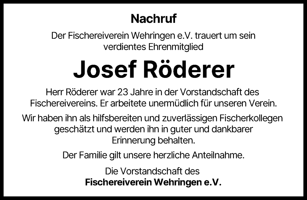  Traueranzeige für Josef Röderer vom 21.01.2026 aus Schwabmünchner Allgemeine