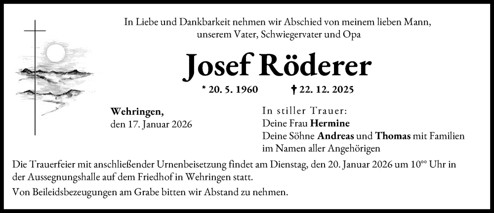  Traueranzeige für Josef Röderer vom 17.01.2026 aus Schwabmünchner Allgemeine