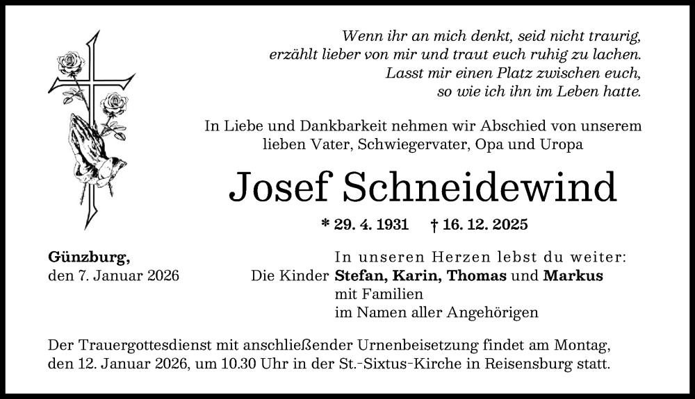  Traueranzeige für Josef Schneidewind vom 07.01.2026 aus Günzburger Zeitung
