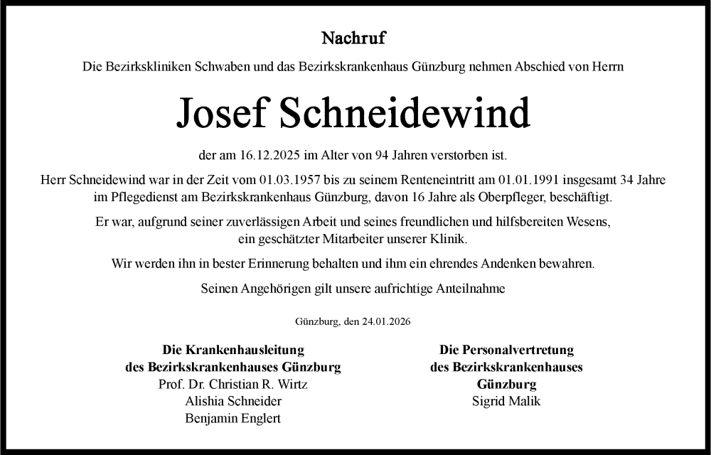 Traueranzeige von Josef Schneidewind von Günzburger Zeitung