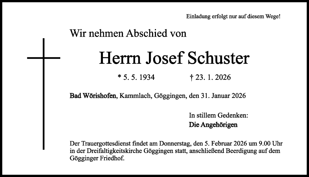  Traueranzeige für Josef Schuster vom 31.01.2026 aus Mindelheimer Zeitung, Augsburger Allgemeine