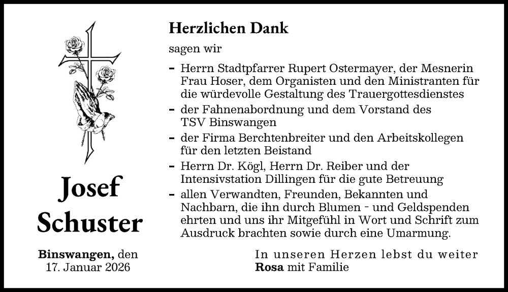  Traueranzeige für Josef Schuster vom 17.01.2026 aus Wertinger Zeitung