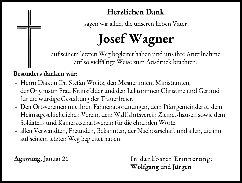  Traueranzeige für Josef Wagner vom 24.01.2026 aus Augsburger Allgemeine