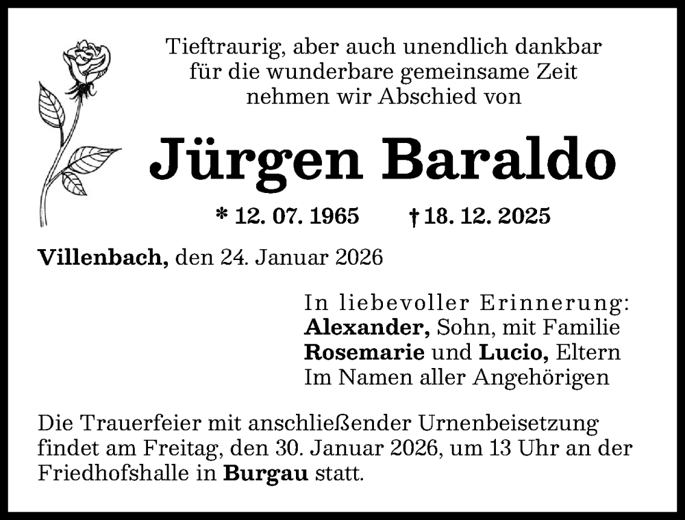  Traueranzeige für Jürgen Baraldo vom 24.01.2026 aus Wertinger Zeitung