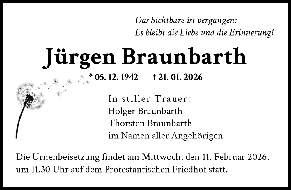  Traueranzeige für Jürgen Braunbarth vom 31.01.2026 aus Augsburger Allgemeine
