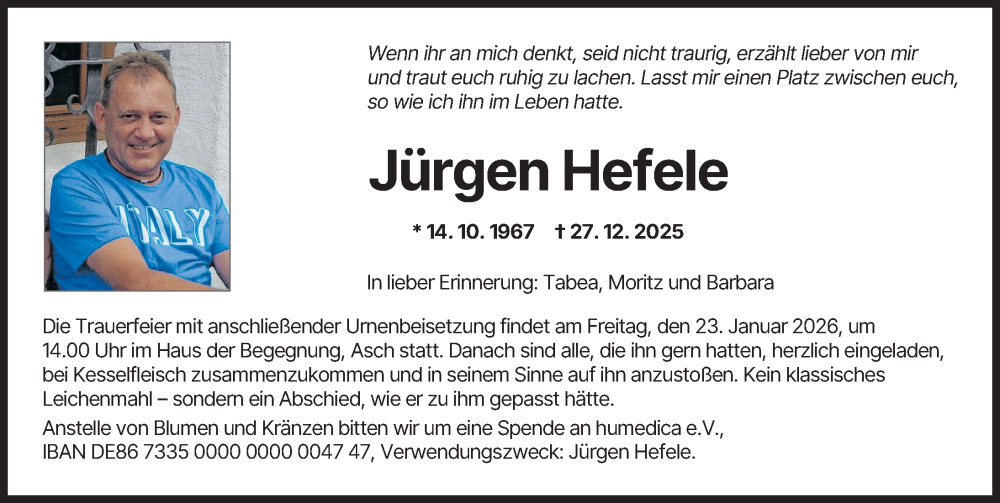  Traueranzeige für Jürgen Hefele vom 17.01.2026 aus Landsberger Tagblatt