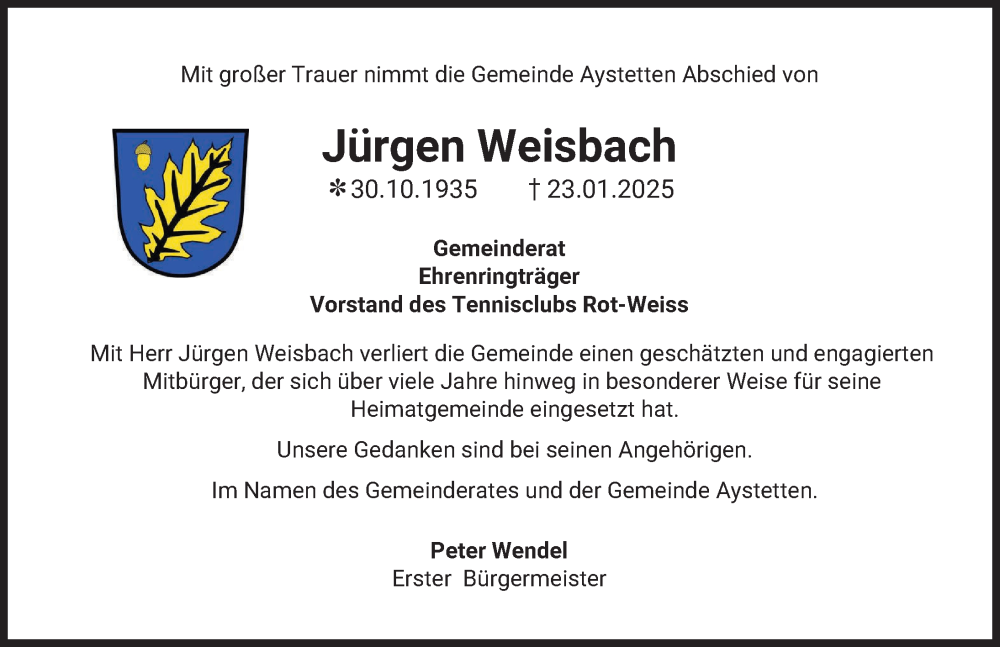  Traueranzeige für Jürgen Weisbach vom 31.01.2026 aus Augsburg-Land