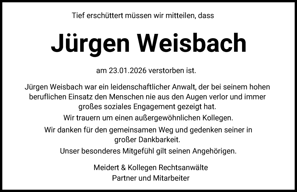  Traueranzeige für Jürgen Weisbach vom 31.01.2026 aus Augsburger Allgemeine