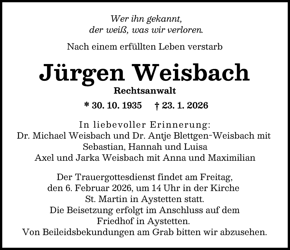  Traueranzeige für Jürgen Weisbach vom 31.01.2026 aus Augsburger Allgemeine