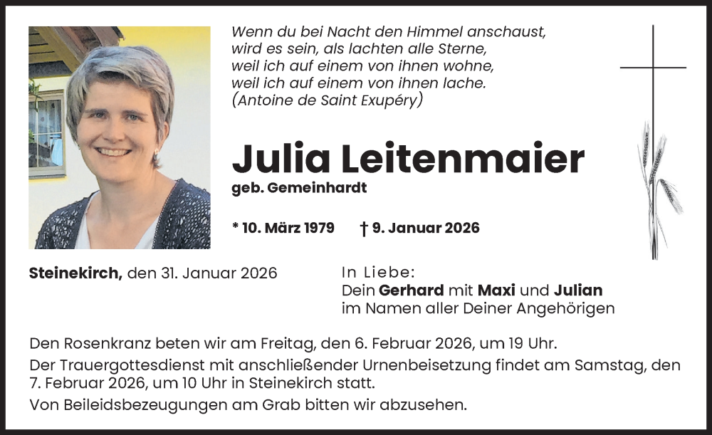  Traueranzeige für Julia Leitenmaier vom 31.01.2026 aus Augsburg-Land