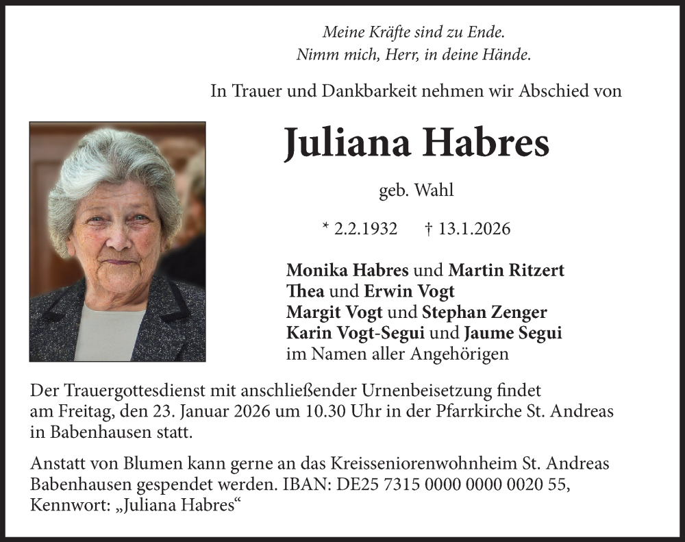  Traueranzeige für Juliana Habres vom 19.01.2026 aus Illertisser Zeitung