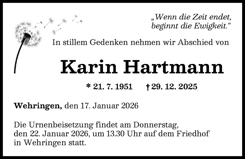  Traueranzeige für Karin Hartmann vom 17.01.2026 aus Schwabmünchner Allgemeine