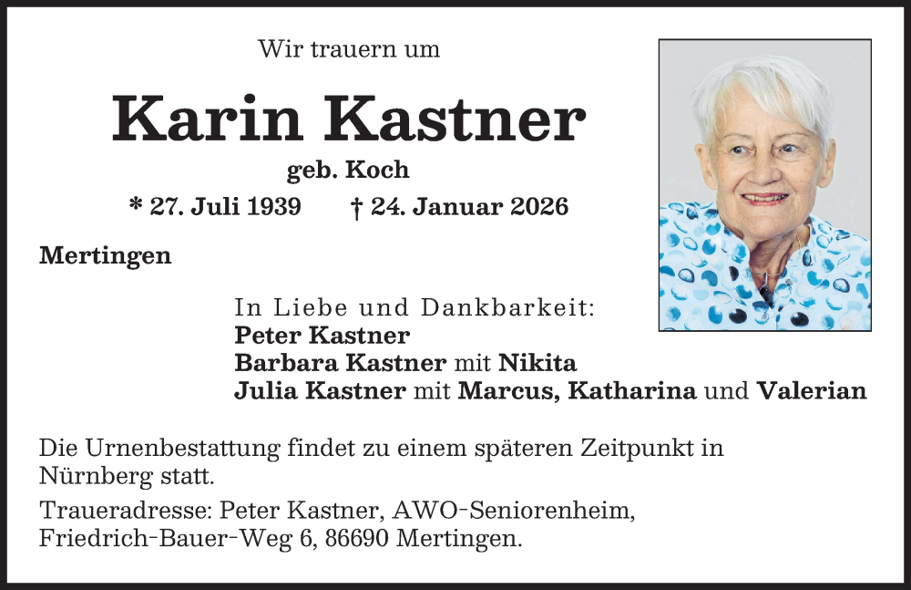  Traueranzeige für Karin Kastner vom 31.01.2026 aus Donauwörther Zeitung