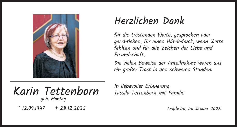  Traueranzeige für Karin Tettenborn vom 24.01.2026 aus Günzburger Zeitung