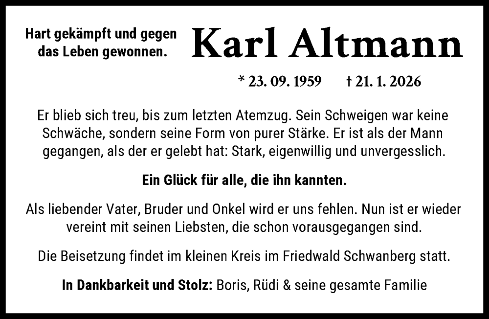 Traueranzeige für Karl Altmann vom 27.01.2026 aus Aichacher Nachrichten, Friedberger Allgemeine