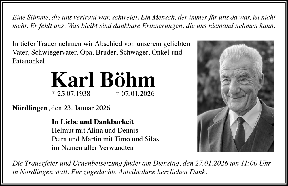  Traueranzeige für Karl Böhm vom 23.01.2026 aus Rieser Nachrichten