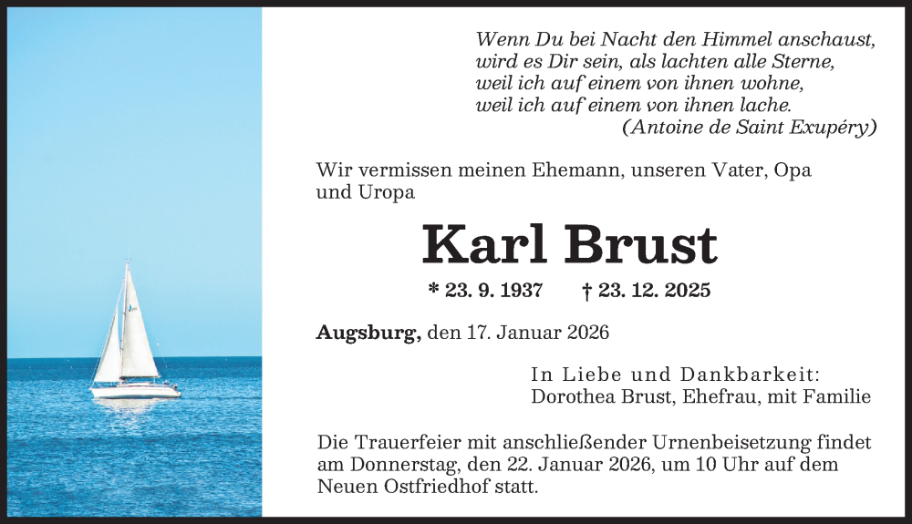  Traueranzeige für Karl Brust vom 17.01.2026 aus Augsburger Allgemeine