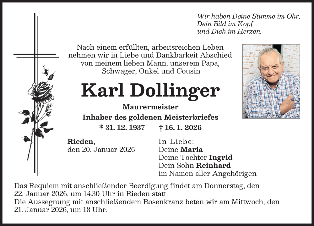  Traueranzeige für Karl Dollinger vom 20.01.2026 aus Friedberger Allgemeine