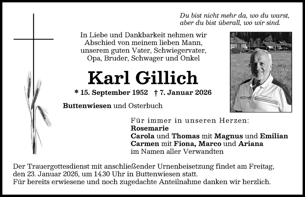  Traueranzeige für Karl Gillich vom 17.01.2026 aus Wertinger Zeitung