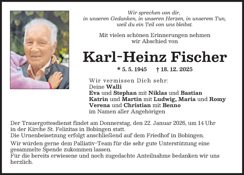  Traueranzeige für Karl-Heinz Fischer vom 17.01.2026 aus Schwabmünchner Allgemeine