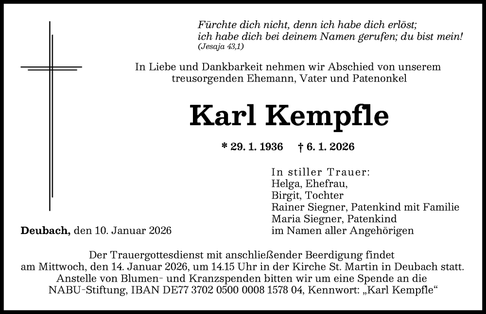  Traueranzeige für Karl Kempfle vom 10.01.2026 aus Günzburger Zeitung