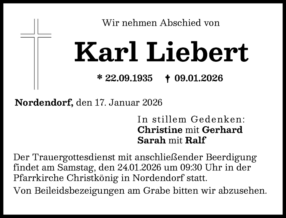  Traueranzeige für Karl Liebert vom 17.01.2026 aus Augsburg-Land