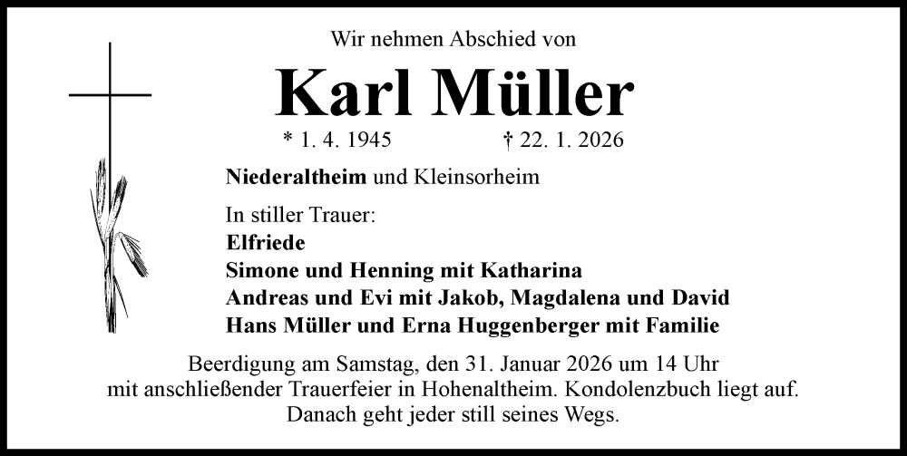  Traueranzeige für Karl Müller vom 29.01.2026 aus Rieser Nachrichten