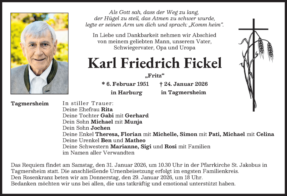  Traueranzeige für Karl Friedrich Fickel vom 28.01.2026 aus Donauwörther Zeitung