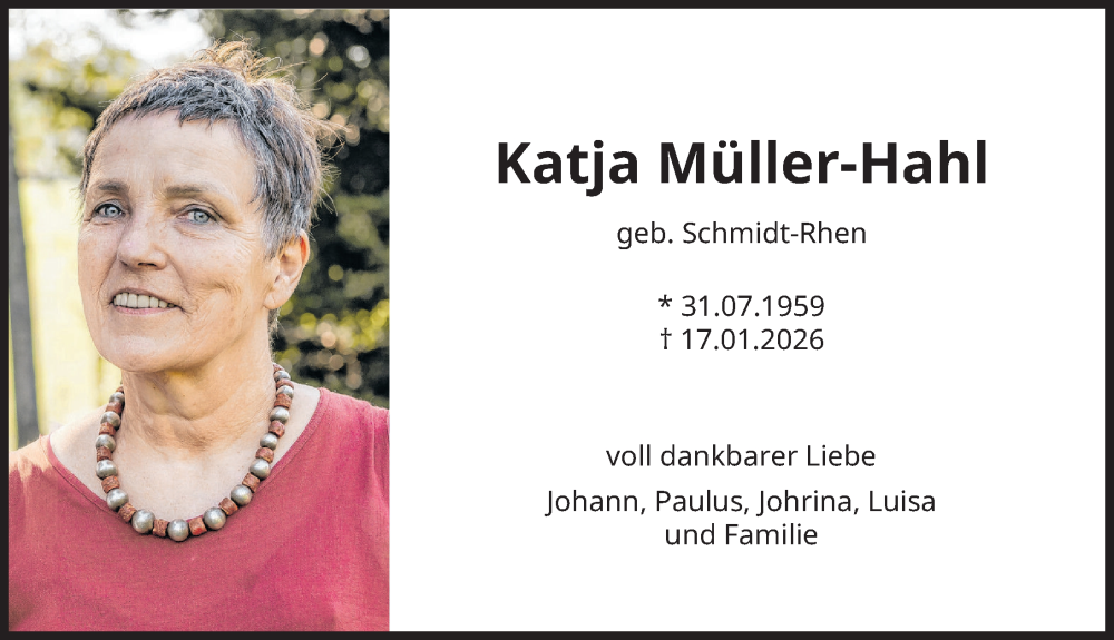  Traueranzeige für Katja Müller-Hahl vom 22.01.2026 aus Landsberger Tagblatt