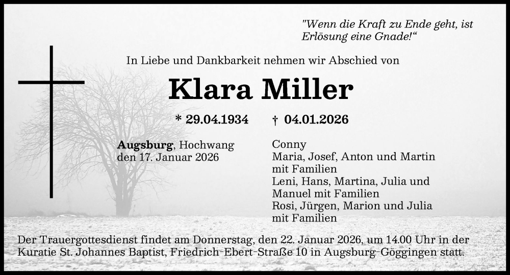  Traueranzeige für Klara Miller vom 17.01.2026 aus Günzburger Zeitung, Augsburger Allgemeine