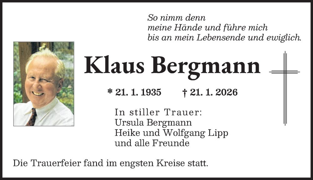  Traueranzeige für Klaus Bergmann vom 31.01.2026 aus Augsburger Allgemeine
