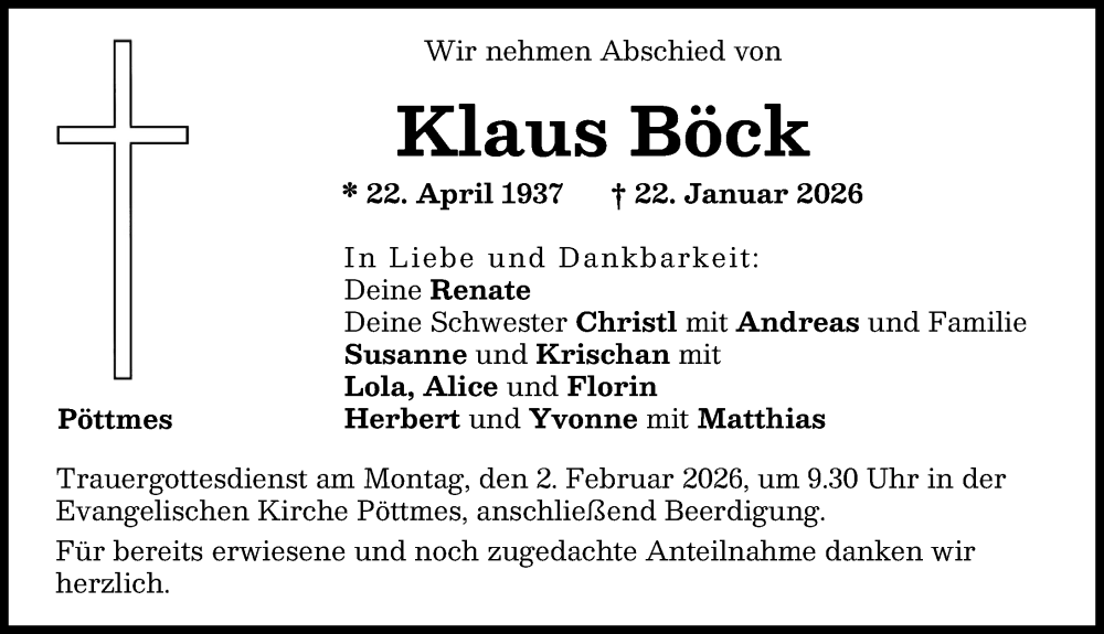  Traueranzeige für Klaus Böck vom 29.01.2026 aus Aichacher Nachrichten