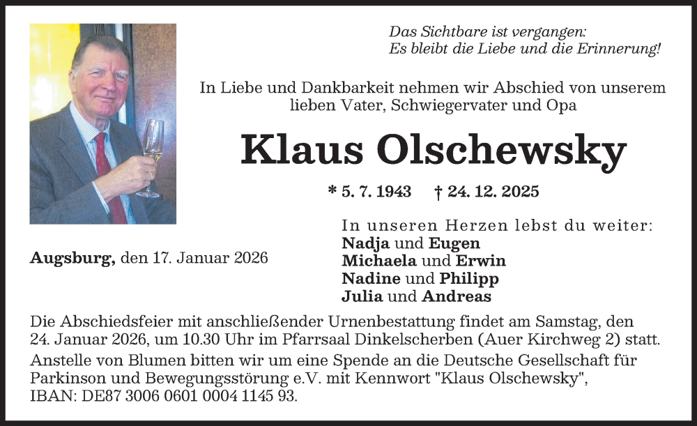  Traueranzeige für Klaus Olschewsky vom 17.01.2026 aus Landsberger Tagblatt, Augsburger Allgemeine