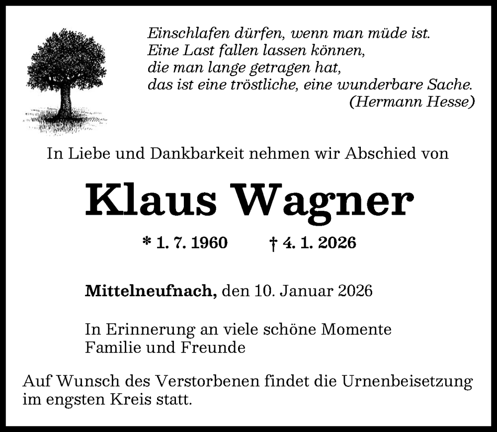 Traueranzeige von Klaus Wagner von Schwabmünchner Allgemeine